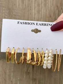 6对简约优雅C形仿珍珠金属耳环，时尚金色首饰 - 彩色 - 查看 1