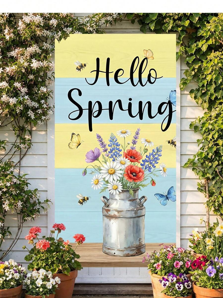 1 pezzo Decorazione per porta in poliestere con fontana, ninfee, libellule e farfalle, sfondo turchese pastello con accenti floreali, decorazione riutilizzabile e durevole per portico anteriore, forniture per la primavera, regali di primavera, accessori per feste di primavera, decorazione per casa, soggiorno, camera da letto, cucina, ingresso, photobooth - 002 - Visualizzare 1