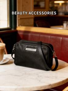 女士时尚纹理单肩包，休闲通勤斜挎拉链手提包 - 黑色 - 查看 6