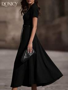 DONICY 女士黑色衬衫领长款连衣裙，优雅短袖系带A字连衣裙，罗纹面料，适合春夏日常及办公穿着。 - 黑色 - 查看 2