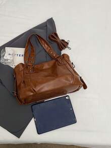 Retro Minimalist Large Capacity Fashion Student/Work Commute Tote Bag - Brown - View 4