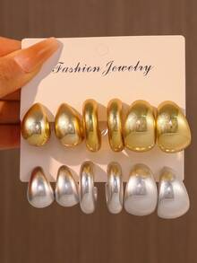 Juego de 6-12 piezas de pendientes de gota y en forma de C de moda, ligeros, pendientes gruesos con textura en forma de aro C, adecuados para uso diario de mujeres, regalo para días festivos - oro+plata - Ver 10