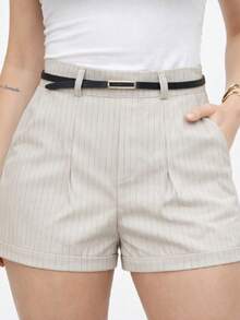 Women's Plus Size Tailored High-Waisted Striped Elegant Shorts With Belt - 米色 - 查看 1