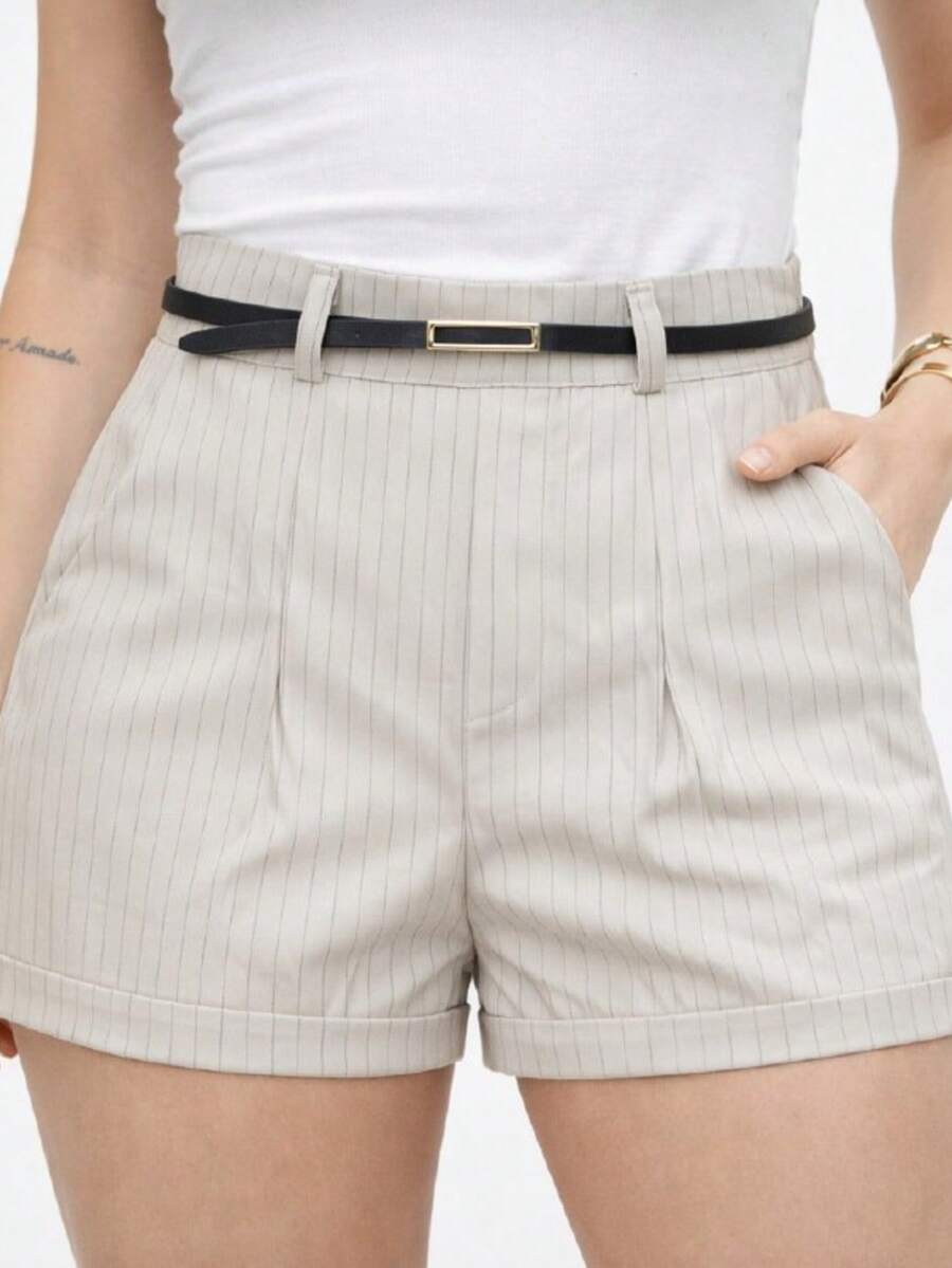 Women's Plus Size Tailored High-Waisted Striped Elegant Shorts With Belt - 米色 - 查看 1