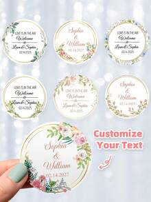 1-120pcs Custom Name Labels, Personalized Round Text Stickers, Customizable Thank You Stickers, Custom Text Wreath Stickers, Perfect For Weddings, Birthday Parties, Gift Boxes, Gift Bags, Invitations, Various Occasions, Elegant, Romantic, Stylish, Beautiful Floral Crown Design, Creative & Versatile, Ideal Gift For Husband, Wife, Boyfriend, Girlfriend, Friends, Family, Great For Weddings, Engagements ,Diy Kits - Multicolor - View 2