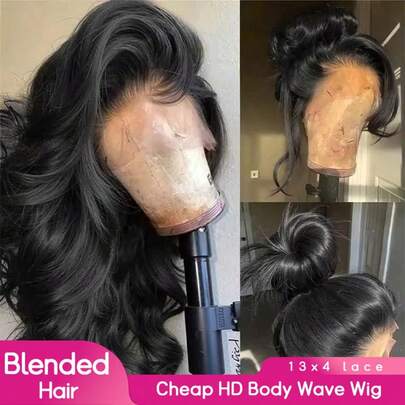PQL 200% 密度 34 英寸自然黑色 13x4 13x6 高清透明蕾丝前额假发，真人发混纺，预拔发际线假发，34 英寸无胶水水波纹假发，真人发混纺，女士时尚假发，适合日常佩戴或聚会。