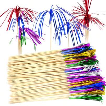 200pcs Cocktail Picks, Shiny Metallic Wire Paper Cup Cake Picks, Creative Firework Shaped Sandwich And Cocktail Picks Fruit Picks Paper Cup Cake Decor Sticks, 9 Inch Happy Birthday Cake Decor Picks, Cocktail Picks, Christmas, Baby Shower, Birthday Party Decorations