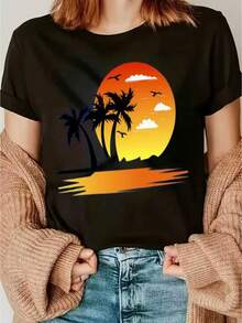 Vibrant Sunset Trees Birds-Shirt Bold Graphic Design Black Background Orange Yellow Reflections Tropical Summer Tee Nature Lovers Sporty-Style Versatile Casual Style - Black - View 1