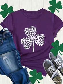 St. Patrick's Day Clover Print Fashion Women's Casual Color Cotton Short Sleeve Top - Purple - View 3