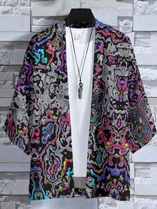 Music Festival Bold Statement! Iridescent Fluid Print Woven Cardigan, Avant-Garde And Eye-Catching, Men's Spring And Summer Streetwear And Birthday Gift Choice, Iridescent Fluid Pattern Men's Printed Cardigan - Nhiều màu - Xem 5