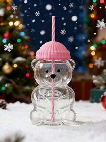 2025 New Cute Glass Bear Cup With Reusable Straw, 20oz Adorable Mug With Bear Mouth, Suitable For Coffee, Beer, Wine, Cocktail, Dishwasher , Party Supplies, Home & Kitchen Essential - Pink - View 2