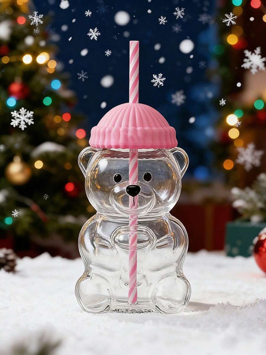 2025 New Cute Glass Bear Cup With Reusable Straw, 20oz Adorable Mug With Bear Mouth, Suitable For Coffee, Beer, Wine, Cocktail, Dishwasher , Party Supplies, Home & Kitchen Essential