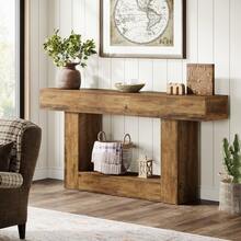 LITTLE TREE 63 " Long Console Table,  Farmhouse 2-Tier Sofa Table Behind Couch, Large Narrow Entryway Table For Living Room, Wooden Hallway Foyer Table With Heavy Duty Base, Rustic Brown - Nâu mộc mạc - Xem 3