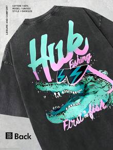 Unisex Huk Fishing Crocodile Graphic Oversized T-Shirt, 100% Washed Cotton Retro Streetwear, Summer Outdoor Casual Top Double Sided Print Ideal Gift For Fishing Enthusiasts - 黑色 - 查看 1