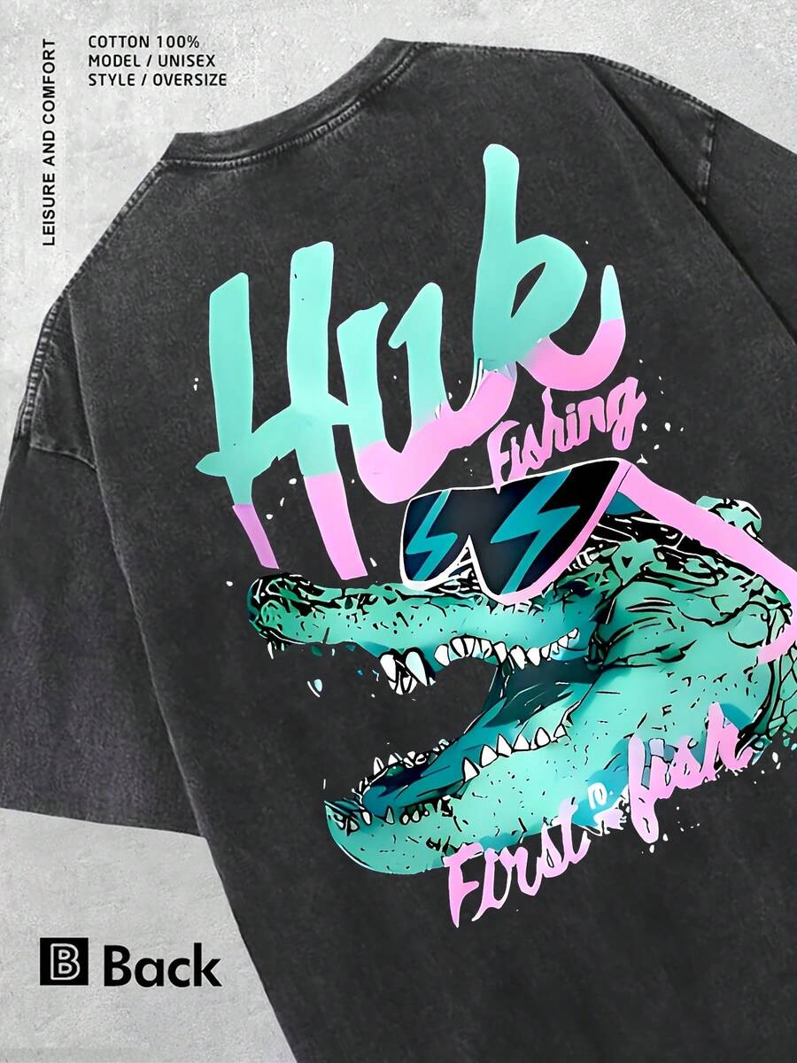 Unisex Huk Fishing Crocodile Graphic Oversized T-Shirt, 100% Washed Cotton Retro Streetwear, Summer Outdoor Casual Top Double Sided Print Ideal Gift For Fishing Enthusiasts - 黑色 - 查看 1
