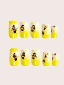 24片中号方形亚克力美甲贴纸，可爱黄黑蜜蜂和裸色假指甲，鲜艳白黄芙蓉花假指甲，全覆盖美甲贴片套装，适合女性和女孩，附赠1张胶贴和1个迷你指甲锉，随机发货 - 黃色 - 查看 3