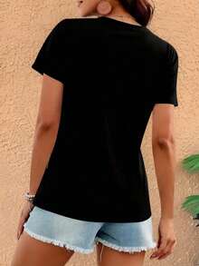Women's Heart Print Short Sleeve Round Neck T-Shirt Casual Black Summer - Black - View 2