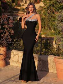 Đầm dạ hội dài sang trọng, lệch vai, đính đá lấp lánh, eo cao, hở lưng, thích hợp cho các buổi dạ hội, tiệc sinh nhật, tiệc tối trang trọng, hẹn hò, lễ hội, đám cưới, dạ tiệc trang trọng, họp mặt gia đình và các dịp khác. Màu đen mùa xuân - màu đen - Xem 5