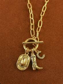 1pc Retro Classic Letter Western Cowboy Hat Pendant, With Gold Stainless Steel Paperclip Chain, Women Necklace - Yellow Gold - View 19