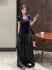 U-Neck Short Sleeve T-Shirt, Stretchy Slim Fit Solid Color All-Match Tee Casual Summer - Navy Blue - View 7