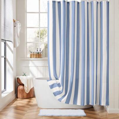 1pc Modern Minimalist Blue And White Striped Shower Curtain, Minimalist Color Series Splicing Printed Shower Curtain, Suitable For Various Room Bathroom Decoration, Bathroom Accessory Partition, Bathtub Shower Curtain