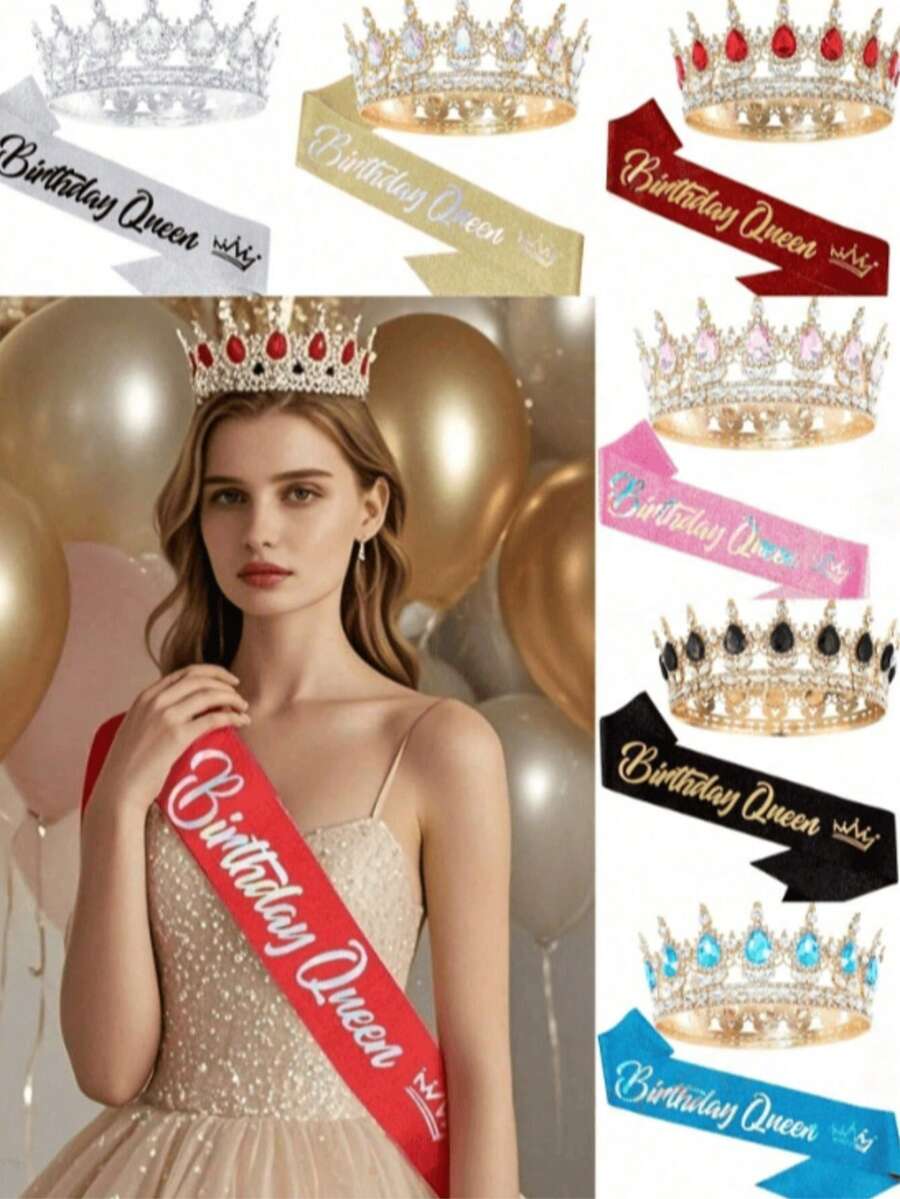 2pcs/Set Baroque Style Bridal Crystal Crown + Shoulder Strap "Birthday Queen" Set, Bridal Crown Headpiece, Wedding/Birthday/Christmas Party, Designed For Women - Multicolor - View 1