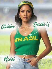 Set Of 3 Women's Cropped Tank Tops, Brazilian Style, Modal Knit, U-Neck, Spaghetti Straps, Summer, Carnival, World Cup - 藍/白/黃 - 查看 3