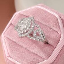 Luxury Inlaid Shiny Cubic Zirconia Elegant Promise Ring, Wedding Engagement Party Gift For Women - Silver - View 9