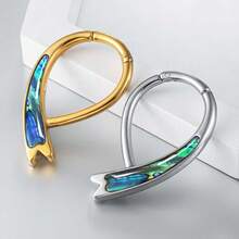1PC Stainless Steel Ribbon Ear Weights White & Abalone Shell Inlay Hanger Gauges Clicker Hoop Earring Piercing Jewelry - Rainbow Shell - View 2