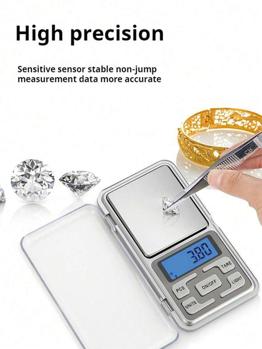 1 pieza Báscula electrónica de bolsillo para joyería, 2 rangos de medición: 200g/500g, apta para pesar polvo, oro, hojas de té, conveniente y práctica con pantalla LCD, se puede usar para pesar joyería diaria, metales preciosos, polvo y otros artículos pequeños, funciona con batería (batería no incluida)
