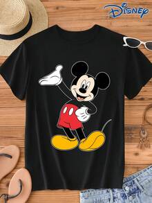 Disney 1pc Women's Graphic Print Short Sleeve T-Shirt, Round Neck, Stretchy, Easy Care Material, Suitable For Everyday Wear, Fashionable Women's Short Sleeve Tee, Casual Wear - Black - View 1
