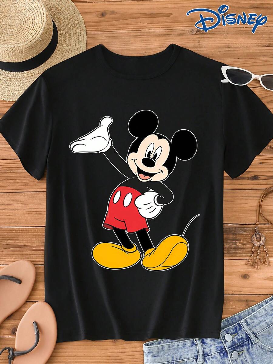 Disney 1pc Women's Graphic Print Short Sleeve T-Shirt, Round Neck, Stretchy, Easy Care Material, Suitable For Everyday Wear, Fashionable Women's Short Sleeve Tee, Casual Wear - Black - View 1