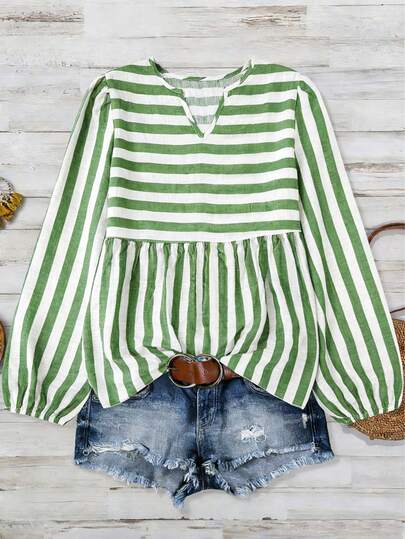 Women's Fashion Casual Striped Print Patchwork Long Sleeve Elastic Cuff Blouse
