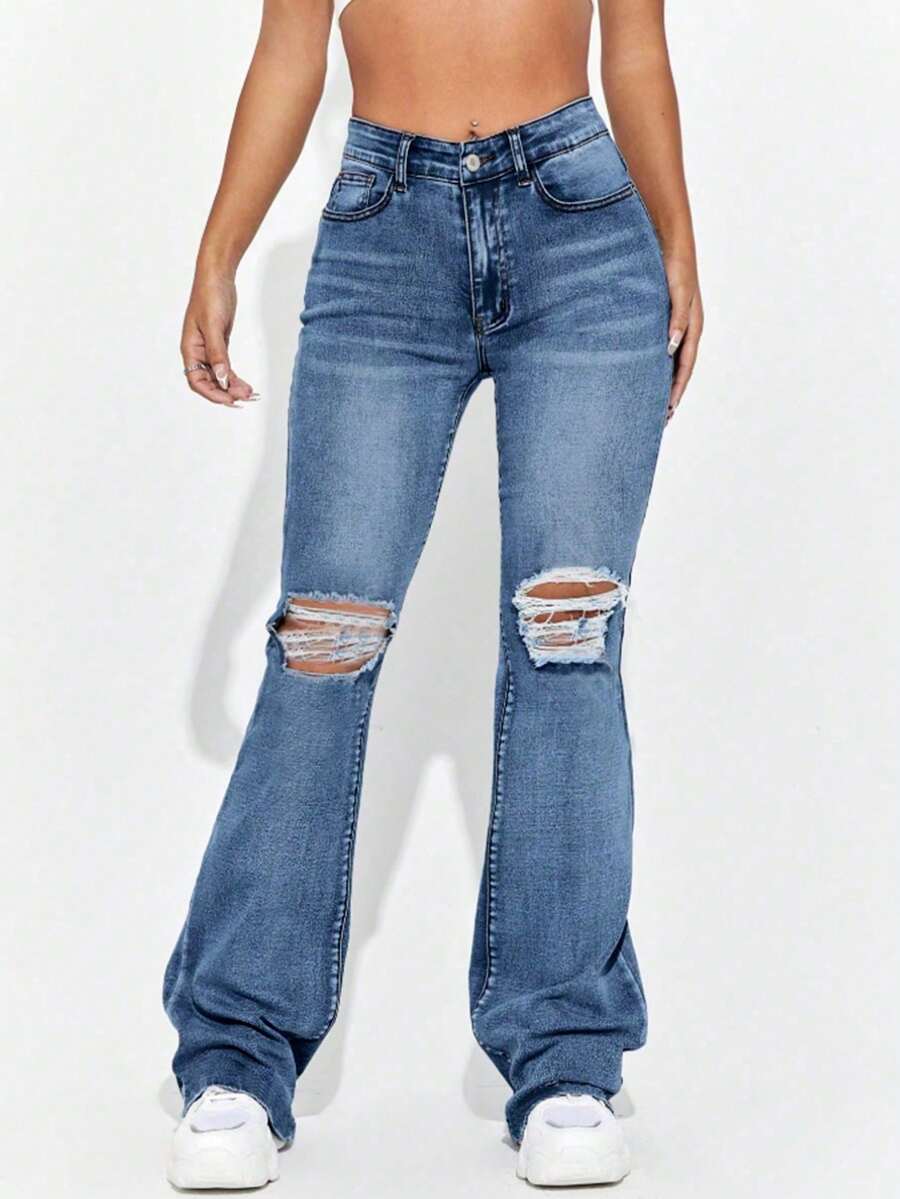 Fashionable High-Waisted Dark Blue Jeans With Pockets - Blue - View 1