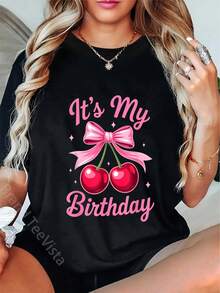 It's My Birthday Coquette Bow Cherry Birthday Girls Women T-Shirt - Black - View 1