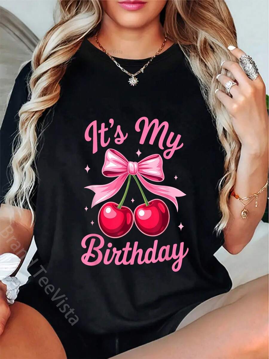 It's My Birthday Coquette Bow Cherry Birthday Girls Women T-Shirt - Black - View 1
