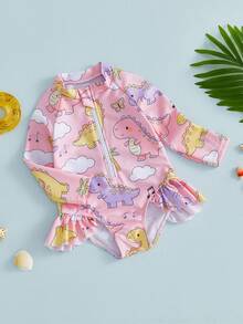 Toddler Girls Rash Guard Swimsuit Rompers Dinosaur Print Ruffles Hem Long Sleeve Crew Neck Kids Bathing Suit - Pink - View 7