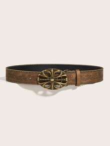 1pc Bohemian Vintage Hollow Floral Bronze Metal Brown Pattern PU Western Cowboy Belt For Women, Suitable For Women, Vacation, Graduation Gift, Birthday - Brown Openwork Floral Beaded - View 3