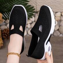 女士透气一脚蹬休闲运动鞋，轻便防滑软底 - 黑色 - 查看 1