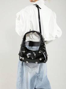 Black Vintage Babe Oversized Shoulder Bag For Women, Waxed Soft Leather, Rivet Decor, Crescent Shape, Handbag For Work, Casual, Travel, Crossbody - 黑色 - 查看 3