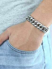 1件男女通用不锈钢嘻哈风方形扣项链手链，街头时尚饰品 - 銀色 - 查看 13