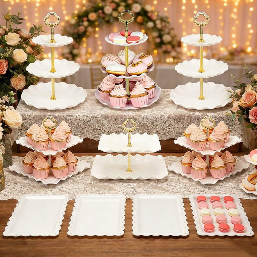 10-Piece Dessert Table Display Stand Set - 6 Multi-Tier Plastic Cake Stands & 4 Cookie Trays | Durable Easy-Clean Serving Set For Tea Parties, Birthdays, Holidays & Gatherings - 金桿白色蛋糕架10件套裝 - 查看 1
