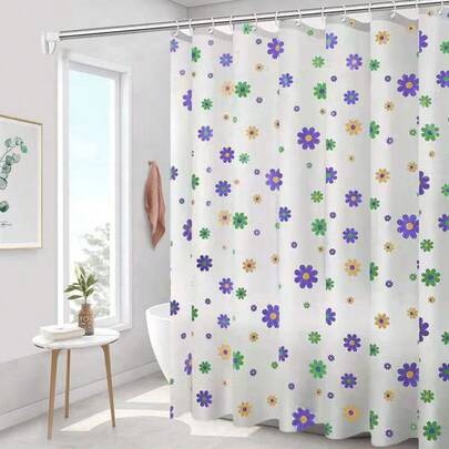 1pc Purple Floral Shower Curtain, Bathroom Decor, Fresh & Bright, Anti-Peeping, Waterproof & Mildew Resistant, Metal Grommets, With Hooks