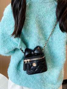 1pc Multi-Color Quilted Metallic Accent Bow Decor Shiny PU Leather Mini Structured Zipper Closure Crossbody Bag, Sweet Girl Style For Daily & Commute - Multicolor - View 9