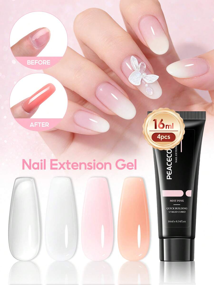 PEACECOLOR Nail Extension Gel Kit, 4pcs/Set 16ml Clear White Pink Nude Beginner Friendly Quick Building UV LED Curing Gel For DIY Home Manicure