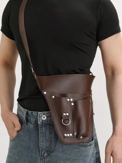 Vintage PU Leather Tactical Waist Bag For Men, Multi-Pocket Functional Messenger Bag, Motorcycle Riding Chest Bag, Fashionable Personalized Shoulder Bag, Phone Bag, Men's Bag, Multi-Functional Punk Tool Bag, Gardening Bag