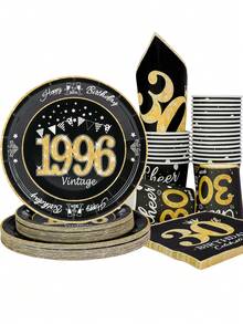 30 pièces/set Fournitures pour fête d'anniversaire de 30 ans, thème vintage 1996 Vaisselle, assiettes, serviettes, gobelets, vaisselle noire et dorée, unisexe - 1966 - Voir 4