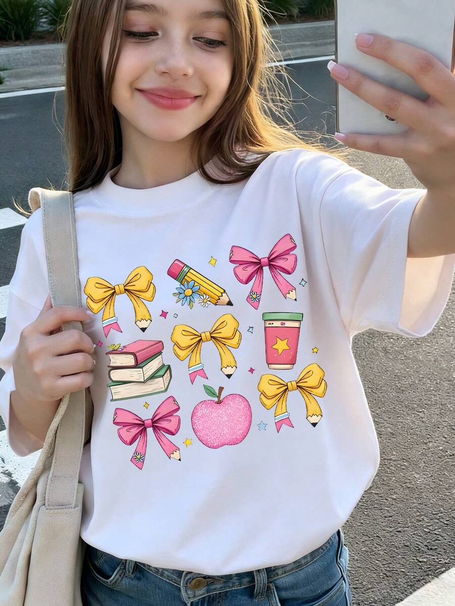 青少年女孩印花T恤,可愛寬鬆版型大學風,夏季 - 白色 - 查看 1