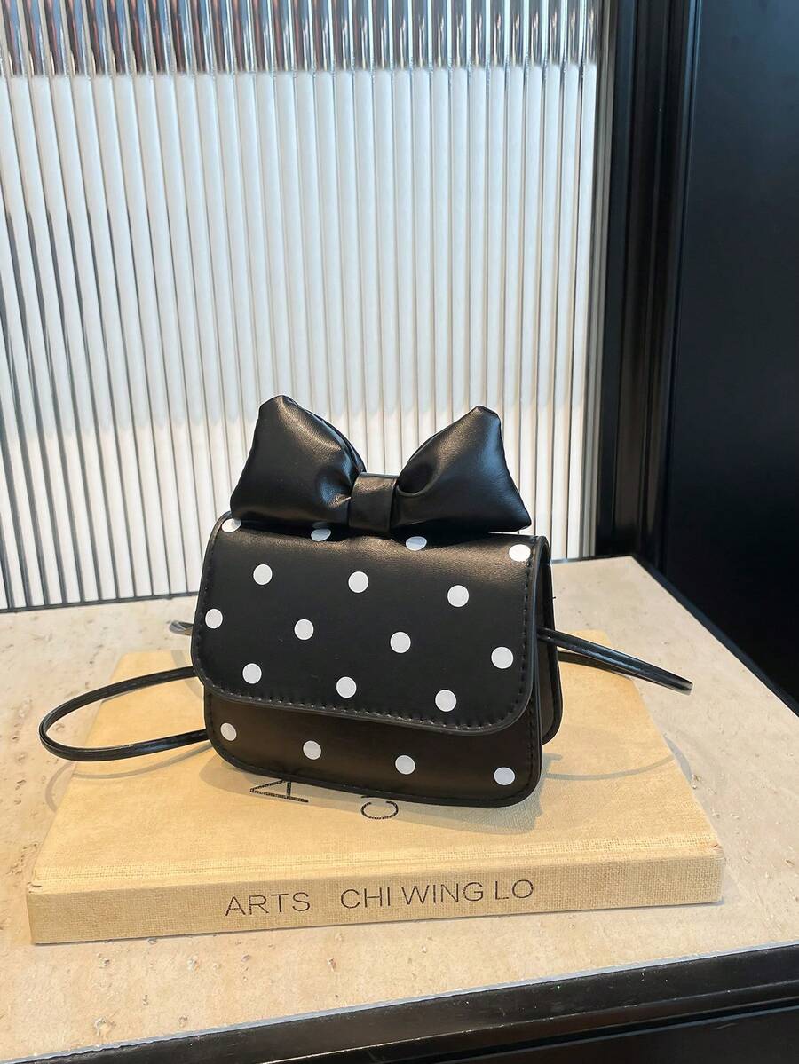 1pc Bow Polka Dot Pattern PU Flap Crossbody Bag, Fashionable For Daily Use In Spring/Summer - Black and White - View 1