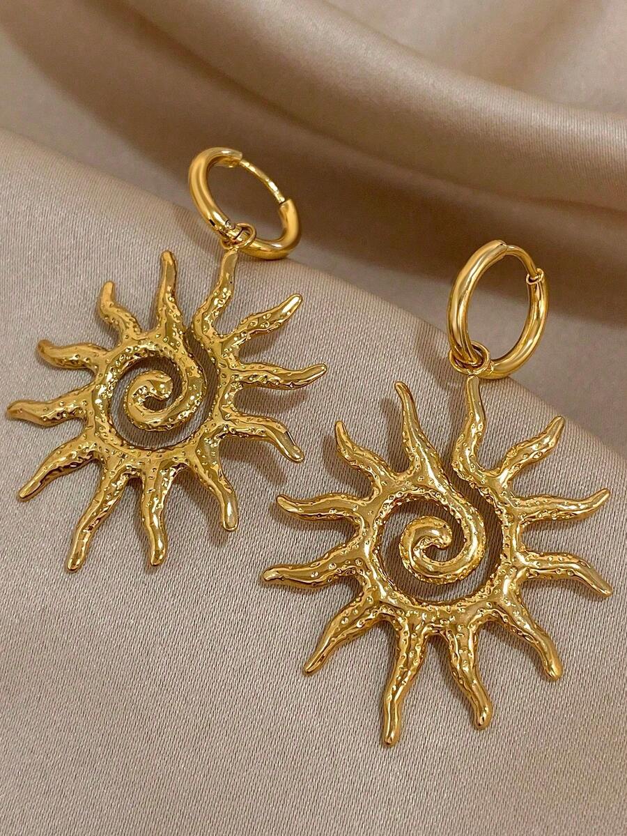 1Pair Unique Sun Shine Earrings For Women Stainless Steel Earrings Dainty Pendant Earrings For Daily Party Jewelry Gifts - 金色 - 查看 1